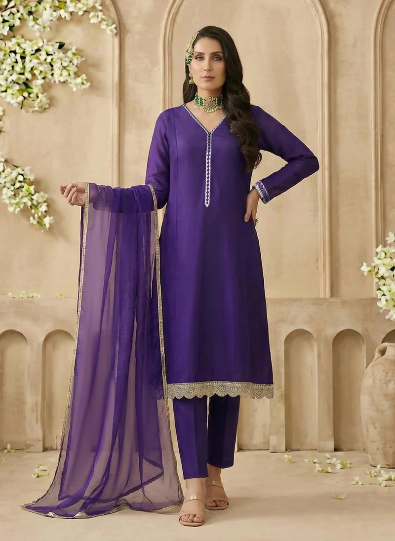 globus Globus Women Purple V-Neck Zari Embroidered Lace Detail A-Line Kurta with Wide Leg Pants & Dupatta Festive Set